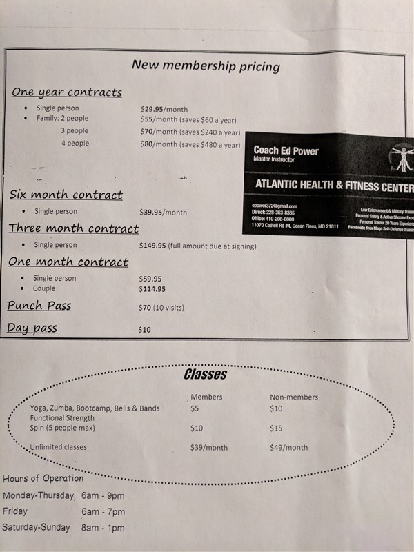 Atlantic Fitness Center Price List