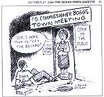 Jim Adcock cartoon appearing in the October 27, 2004 edition of the Ocean Pines Gazette. County Commissioner Judy Boggs forbids video of her Town Meeting at the Ocean Pines Library on 10/23/2004.

C