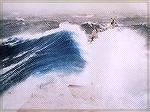 Picture of a 730&lsquo; steel carrier taking 80' waves in North Atlantic. Sustained 12' crack in hull from storm with 90kt winds. View is from the bridge.