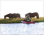 A kayaker and wild horses seen while kayaking at Assateague Island on 9/10/2005. (Photo for use in a kayaking trip report and Message Board messages 234943 and 234572.)

