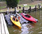 9/20/2005:  Boarding and launching a kayak is convenient on the floating kayak dock at Martinak State Park, south of Denton, MD. (For a kayaking trip report on message board - Msg# 236487.)