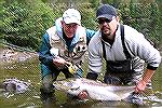 Joe Zimmer (left) and guide Christopher Jerome with 30-pound Atlantic salmon caught on the Cascapedia River in September 2006.