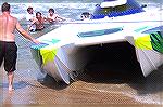 This shot shows the hull damage at the front of the right sponsoon on the offshore racer &quot;WICKED&quot; that was forced to beach on 16th street during the Offshore Power Boat races in Ocean City.