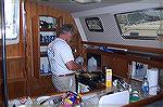 Dr John Bower of Ocean Pines cooks up a mean Mexican breakfast for fellow sailors including Jack Barnes, also from Ocean Pines, aboard Ganbol, a Hunter 44, while on October Chesapeake Cruise.