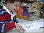 Therapy dog King works with reading student David at Showell elementary school. Students at Showell have been in the forefront in Maryland for the best improvement in math and reading skills.