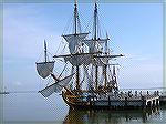 Tall Ship Kalmar Nyckel docked at ferry landing in Lewes, Delaware. This is state ship representing Delaware berthed ihome port of Wilmington, Delaware.