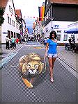 Artist drawing of Lion with real girl.
