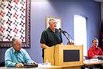 Steve Tuttle, organizer of the Candidates Q&A addresses association members at the beginning of the event. An excellent crowd was on hand at the Ocean Pines Library to listen to six of the 11 board ca