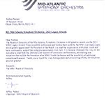 Letter from Mid-Atlantic Symphony recognizing Andrea Barnes for her leadership in the organization. 