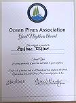 Esther, you and I may not always agree on all things political in Ocean Pines, but you and your Get Involved Facebook group do some good charitable work and deserved the award. Your group&rsquo;s char
